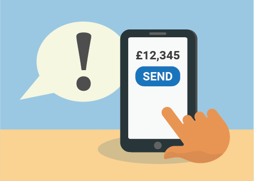 A speach bubble with an exclamation mark persuading someone to transfer money on their phone